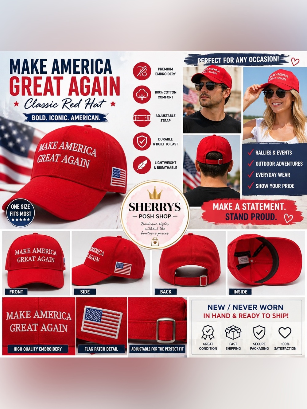 Make America Great Again Hat Red MAGA Adjustable Embroidered Cap Cotton